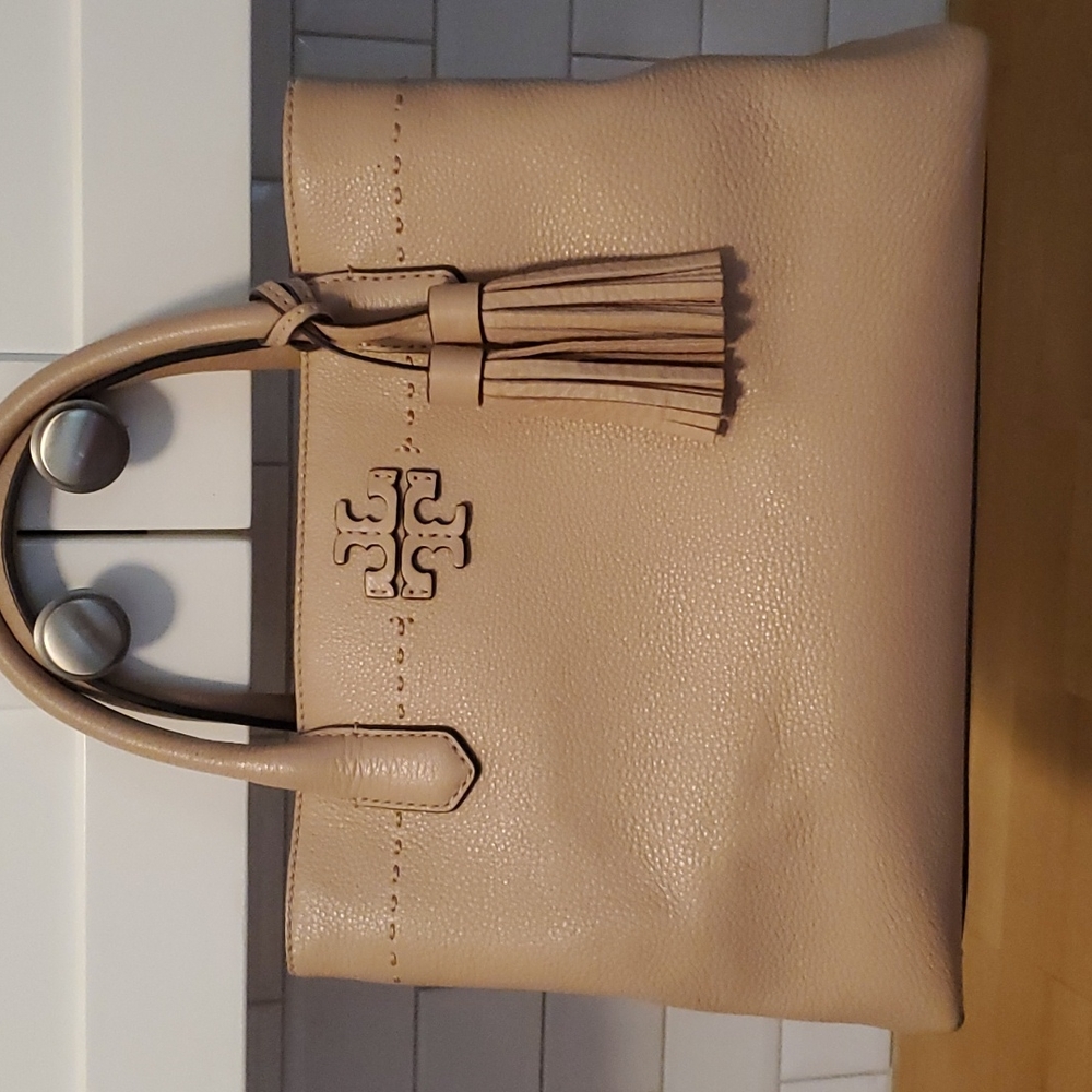 Tory Burch McGraw Handbag. Pink/taupe color. 9 inches high, 14 inches across.